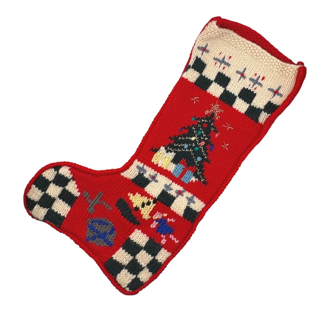 Vtg Berek Hand Knit Wool Christmas Stocking Tree Checkerboard Uruguay Heavy 80s